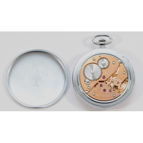 213 - Omega, a chrome keyless wind open face pocket watch, c.1969, signed white enamel dial with subsidiar... 