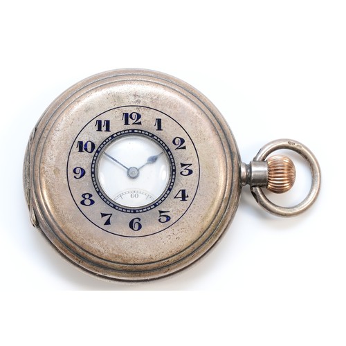 216 - Longines, a silver key less wind half hunter pocket watch, London import 1926, blue enamel Arabic nu... 