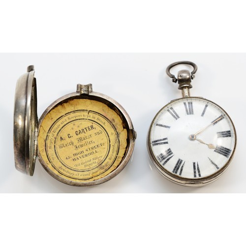 217 - A Victorian silver pair cased fusee pocket watch, both Birmingham 1847, white enamel dial, unsigned ... 