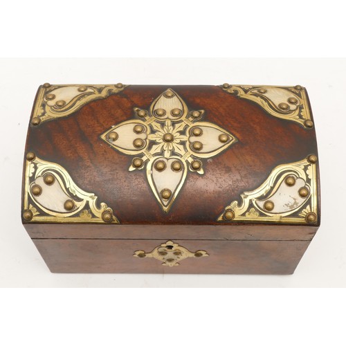 252 - A Victorian mahogany domed top tea caddy, with applied brass decoration, opening to reveal a single ... 