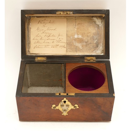 252 - A Victorian mahogany domed top tea caddy, with applied brass decoration, opening to reveal a single ... 