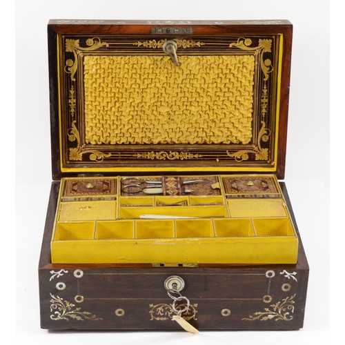 254 - A Victorian mother of pearl inlaid rosewood sewing box, opening to reveal a fitted interior, with li... 