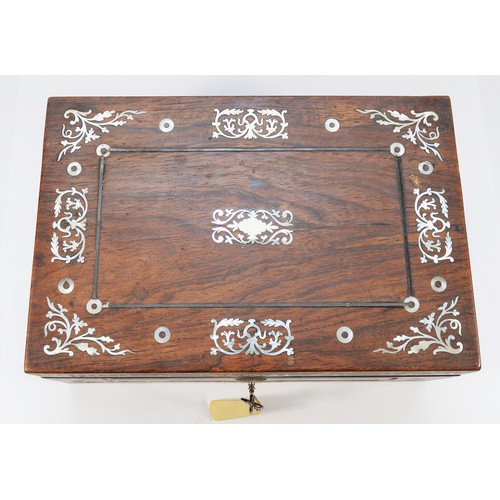 254 - A Victorian mother of pearl inlaid rosewood sewing box, opening to reveal a fitted interior, with li... 