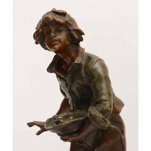 256 - After L & F Moreau (1832-1927); a pair of bronzed spelter figurines, one depicting a young boy holdi... 