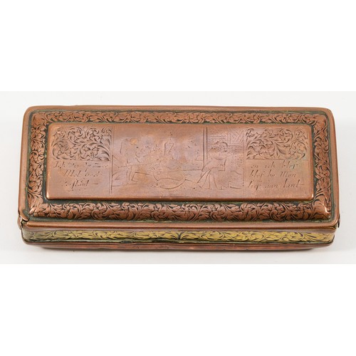 258 - A Dutch 18th Century tobacco box, brass and copper, engraved with text and a scene, largely worn, 13... 