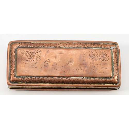 258 - A Dutch 18th Century tobacco box, brass and copper, engraved with text and a scene, largely worn, 13... 