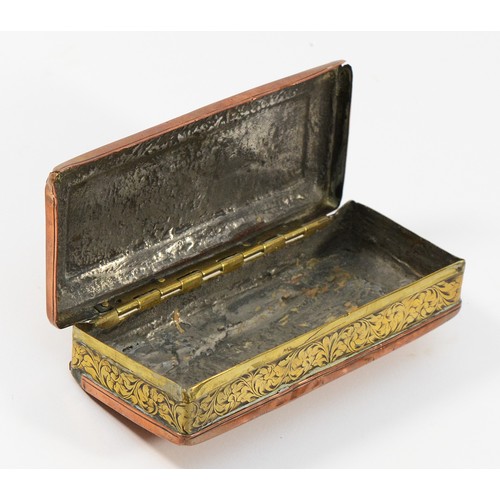 258 - A Dutch 18th Century tobacco box, brass and copper, engraved with text and a scene, largely worn, 13... 