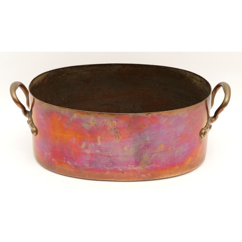 266 - A large 19th Century copper preserve pan or stock pot, having riveted brass handles and engraved wit... 