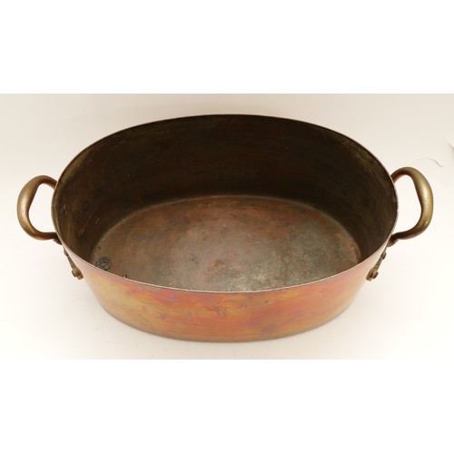 266 - A large 19th Century copper preserve pan or stock pot, having riveted brass handles and engraved wit... 