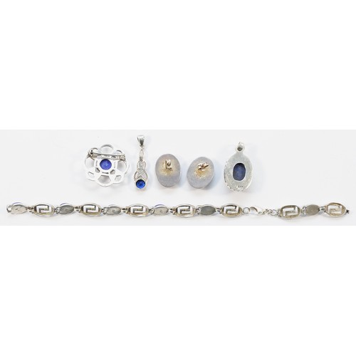 11 - A pair of 925 silver and lapis lazuli earrings, and a matching pendant, together with a 925 brooch, ... 