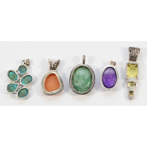 23 - Five 925 silver gemset pendants, to include turquoise and amethyst examples, 59g