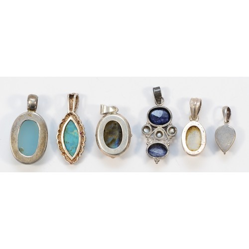 24 - Six 925 silver gemset pendants, to include cultured pearl and labradorite examples, 55g