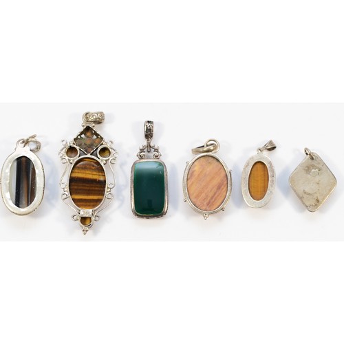 30 - Six 925 silver gemset pendants, to included banded agate and tigers eye examples, 49g