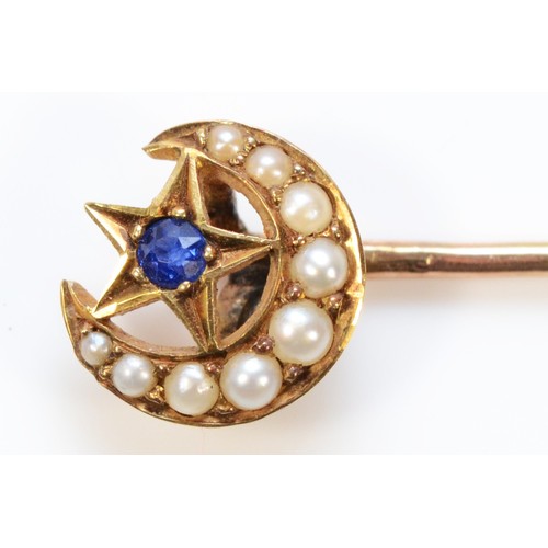 66 - A 15ct gold with seed pearl and sapphire stick pin, 9ct gold pin, 55mm, 1.2g