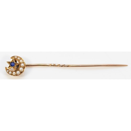 66 - A 15ct gold with seed pearl and sapphire stick pin, 9ct gold pin, 55mm, 1.2g