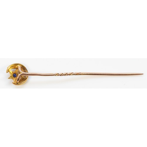 66 - A 15ct gold with seed pearl and sapphire stick pin, 9ct gold pin, 55mm, 1.2g