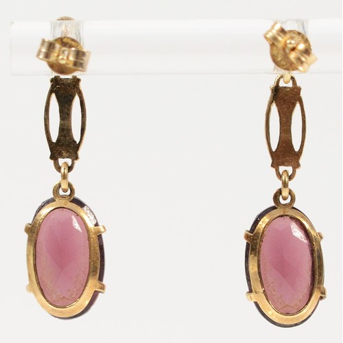 68 - A pair of 9ct gold red paste drop earrings, 25mm drop, 1.6g