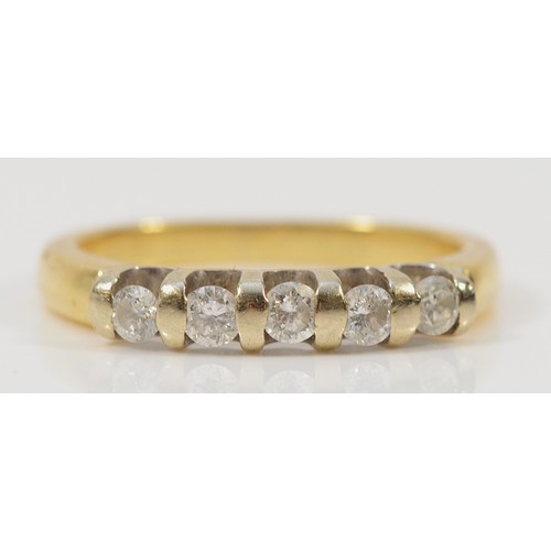 70 - An 18ct gold brilliant cut diamond five stone ring, hallmarks missing due to possible resizing, J, 3... 