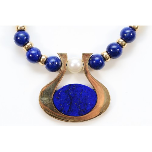 A 9ct gold pearl and lapis lazuli beaded necklace, 25.4g