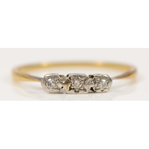 745 - A 9ct gold and platinum single cut diamond three stone ring, N, 1.4g