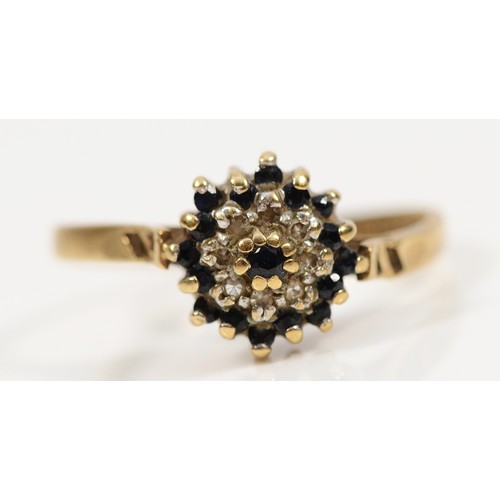 747 - A 9ct gold sapphire and diamond cluster ring, L, 1.8g