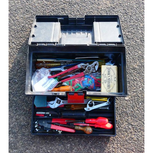 8 - A black plastic tool box containing a selection of hand tools, a Black and Decker BL24V 240v cordles... 