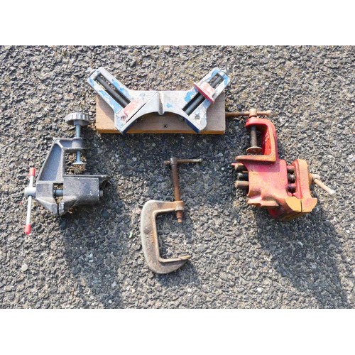 9 - One box containing a selection of hand tools to include bench vice, mortice jointer and a 'G' clamp.