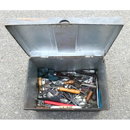 37 - A metal tool box containing a selection of engineering hand tools to include hammers, 'G' clamps, co... 