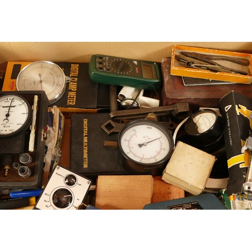 50 - A collection of amp meters, pressure gauges, digital clamp meter, VHF converter, also a Staedtler co... 