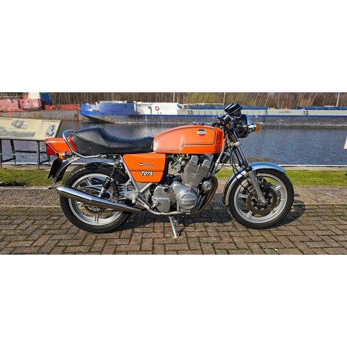 1980 Laverda Jota Mk 2, 180, 981cc. Registration number PNS 600V. Frame number LAV.1000*6914* DGM 12571 OM. Engine number 1000 *6914*. 
Sold with the V5C, V5, two keys, large history folder.
Laverda began with the manufacture of farm machinery, diversifying into production of small capacity motorcycles in 1949. Increases in capacity and variations of design (including a scooter) followed over the years. They eventually offered a large-capacity 650cc twin in 1966, which was soon enlarged to 750. In 1969 Laverda exhibited their first three-cylinder machine which was to take until 1972 before being offered to the public as the 3C, later becoming the 3C(E). At the instigation of the British importer, Roger Slater, performance was enhanced by Laverda and the 3C(E) became the Jota. The 180 had the distinction of being the fastest production motorcycle in the world in the late 1970s, at over 140mph.
The Jota model ran from 1976 through to 1982 and is powered by a 981cc DOHC air cooled inline triple with a dry weight of 234 kg. Originally fitted with a crankshaft with 180° crankpin phasing and ignition timing on the right hand side of the engine till 1980. Then in 1981 the ignition timing which was by then electronic, was moved to the left side and in 1982 the Jota 120° was released which had the crankpin phasing to 120°.
PNS comes with a copy of Slaters import document dating from 1979, noting it went to Lloyds Bros in August 1980.  In 1996 Tom Mitchell sold it to Stuart Oram and then Donald Drawbell in 1999. He sold it to Dr Murphie in 2005 and in 2014 it went to Paul Miles. In November 2016 Made in Italy sold it to Charles Rising for £15,000, he sold it to our vendor in 2017 using the services of The Bike Specialists in Sheffield.
In 2015 it underwent a full restoration with Keith Nairn Of Lavenda Scozia, including new main/big ends, cylinder head overhaul, new mainshaft for the gearbox, the carbs were rebuilt, full stainless exhaust, brakes rebuilt, powder coated frame, all new bearings.
There are MOT's on file from 1996 at 17,010 miles, rising slowly, 20,418 miles in 2003, 24,861 miles in 2016 and the last one was in 2019 at 26,998 miles. The odometer today shows 27,201 miles. This suggests it is the correct mileage and it has only covered some 3,000 miles since the rebuild.
Our vendor has had it running before it was delivered to the saleroom.
