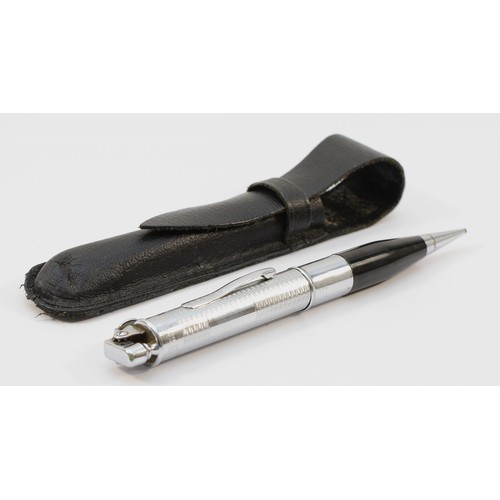 A Ronson Art Metal Works 'Pencilighter' circa 1930s, chrome plated with engine turned decoration, propelling pencil with black lacquered grip, fitted with a semi-automatic petrol lighter, stamped 'Ronson Penciliter Made In England, with leather case, 14cm long.