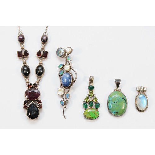 61 - A 925 silver and gemset necklace, together with four 925 silver and gemset pendants, largest 85mm, 8... 