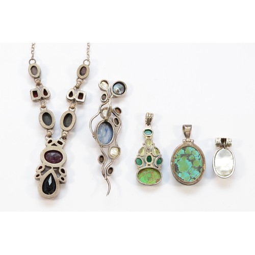 61 - A 925 silver and gemset necklace, together with four 925 silver and gemset pendants, largest 85mm, 8... 