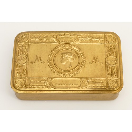 A WWI brass Princess Mary 1914 Christmas tin, containing its