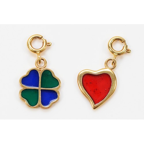 A 9ct gold enamel heart charm, with a 9ct gold enamel four leaf clover charm, 1.7g