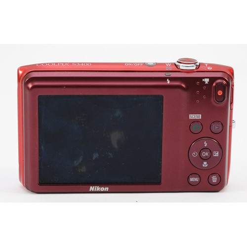 A Nikon Coolpix S3400 digital camera, in red.