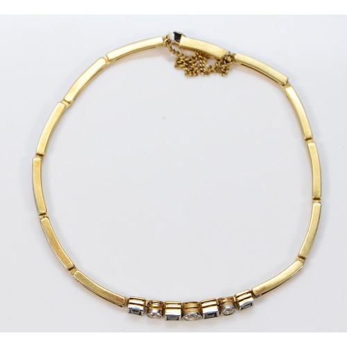 An unmarked 18ct gold Art Deco panel bracelet, milgrain collet set old ...