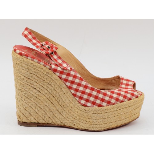 Christian Louboutin red sole red gingham rope espadrille, heel 5