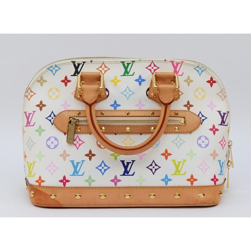 Louis Vuitton, Takashi Murakami Multicolour 'Alma' handbag, designed with a white multicolour monogram coated canvas exterior and natural leather trim, featuring gold-tone hardware to include stud embellishments, with a front zip pocket, rolled leather top handles, double wraparound zip fastenings and burgundy alcantara interior lining, measuring 15 by 23 by 29cm. Serial number: FL1013.
