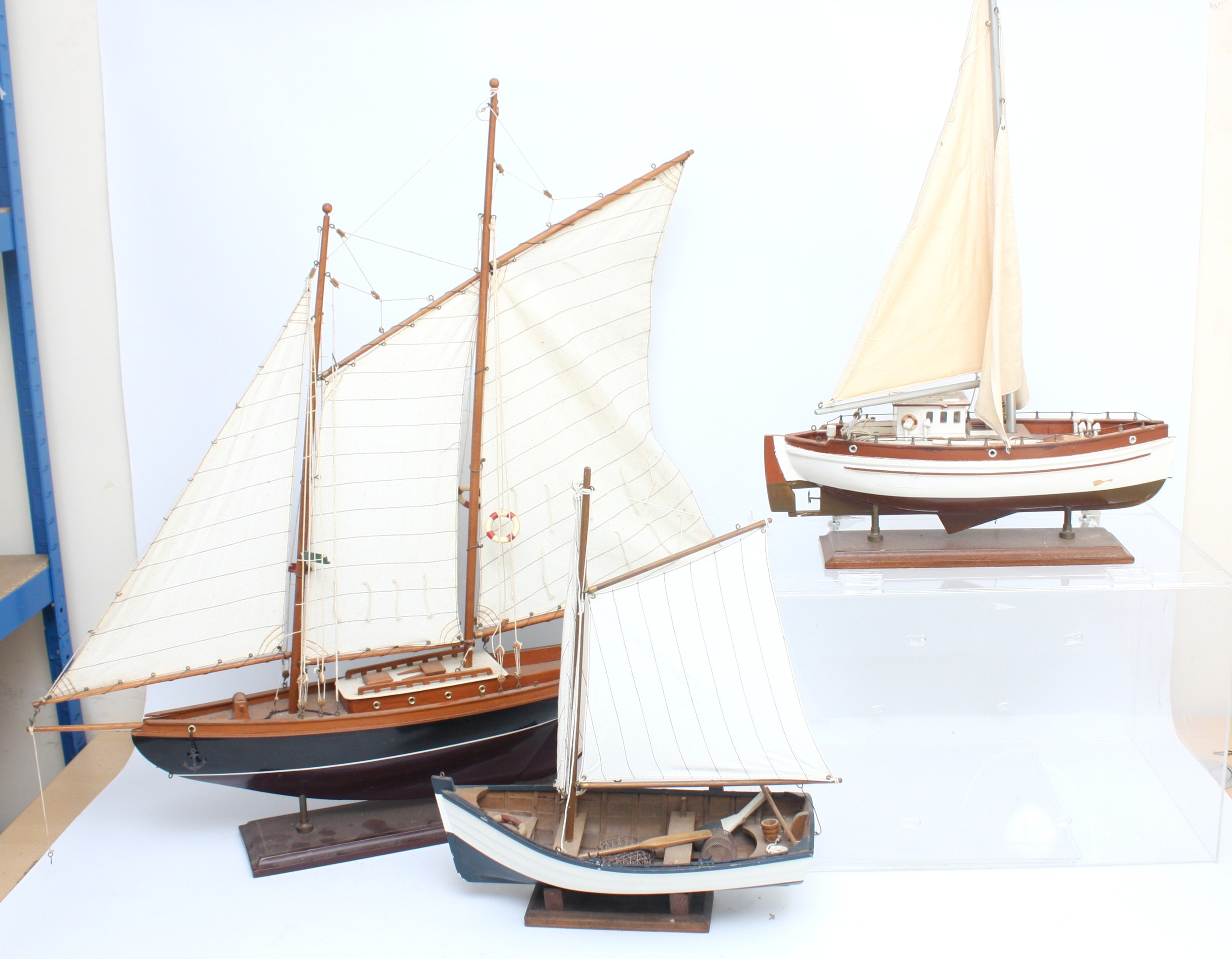 Three scratch built model ships, to include, a gaff-rigged yacht, 84cm ...