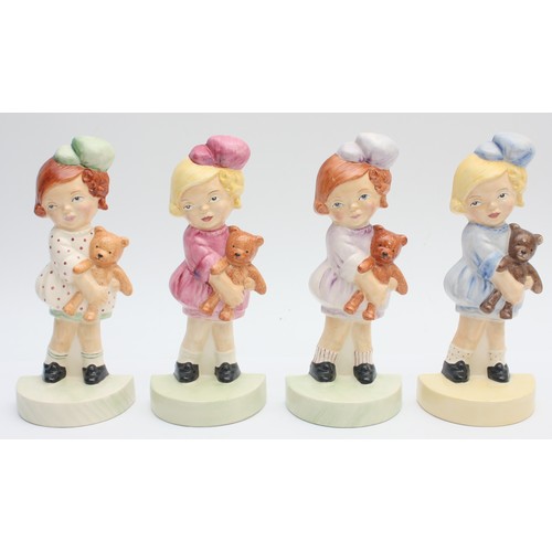 Four Carltonware flatback figures, designed by Mabel Lucie Attwell, depicting infant girls hugging teddy bears, H-22cm. (4)