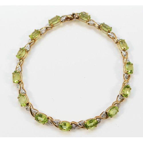 10 - A 9ct gold peridot and diamond bracelet, 19cm, 8.2g