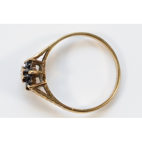 19 - A 9ct gold sapphire and diamond floral cluster ring, P, 1.7g