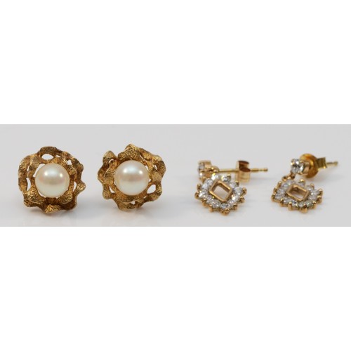 51 - A pair of 9ct gold cultured pearl earrings, 12mm across, together with a pair of 9ct gold and white ... 