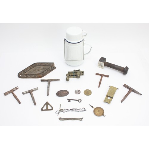 A box of sundry items including a white enamelled Billy-can, five ...