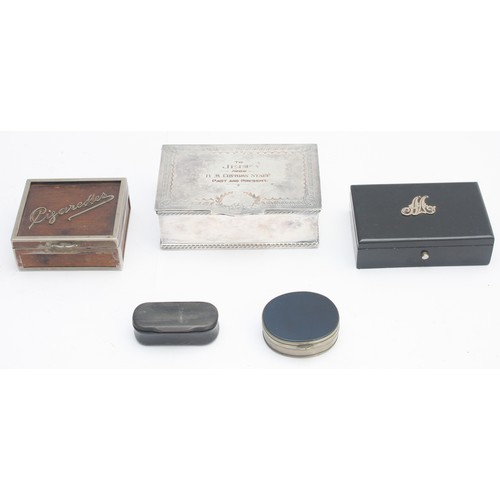 26 - Three early 20th century cigarette boxes, including silver plated, ebonised and boxwood examples, to... 