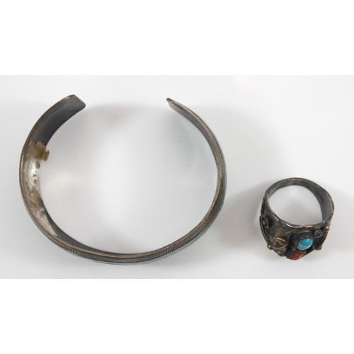 9 - Wydell Billie, a Native American Navajo silver turquoise and coral ring, signed, size S, and a Sterl... 