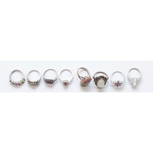 31 - Five TGGC 925 silver and gemset rings, N-P, with three 925 silver gemset rings, P-R, 41g