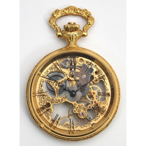 Aroma, a gold plated keyless wind open face skeleton pocket watch, 15 jewel movement, working when catalogued