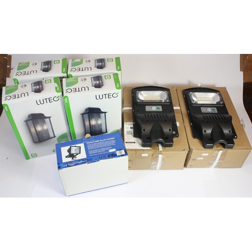 36 - Lutec, 4 x Holly wall mounted outdoor lamps, unused, boxed, a 500w security lamp and a pair of Pecar... 